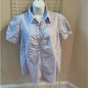 Ann Taylor Short Sleeve Blouse Size 10 Striped Light/Sky Blue